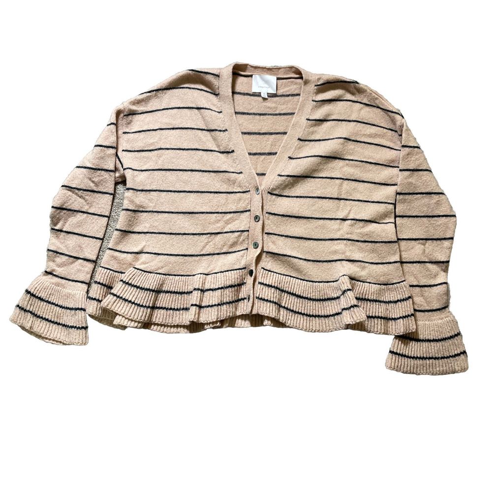Cinq A Sept Small Womens Cardigan VNeck brown Striped Bell Sleeve Neutral Wool
